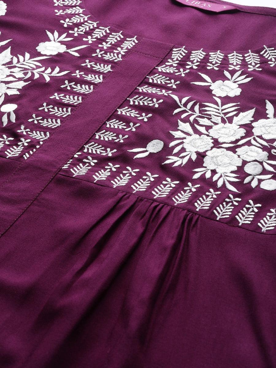 Purple Embroidered Rayon Kurti - ShopLibas