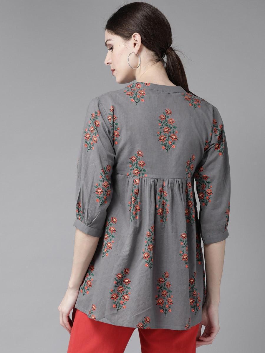 Charcoal Printed Cotton Kurti - ShopLibas