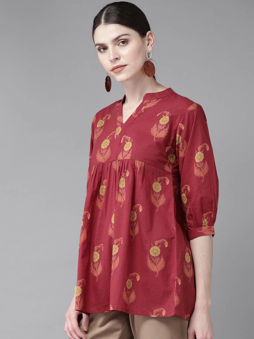Maroon Printed Cotton Kurti - ShopLibas