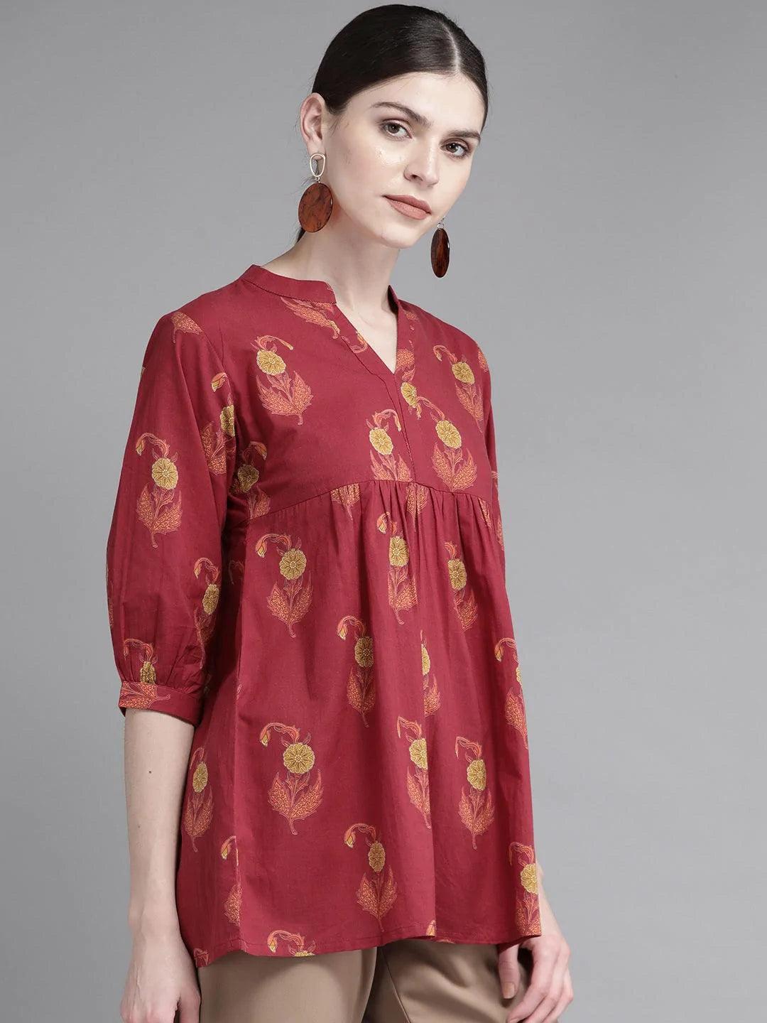 Maroon Printed Cotton Kurti - ShopLibas