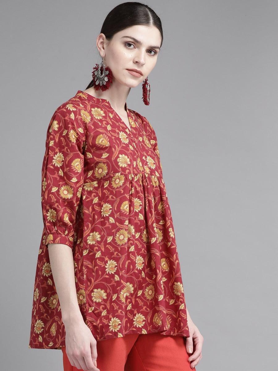 Red Printed Cotton Kurti - ShopLibas