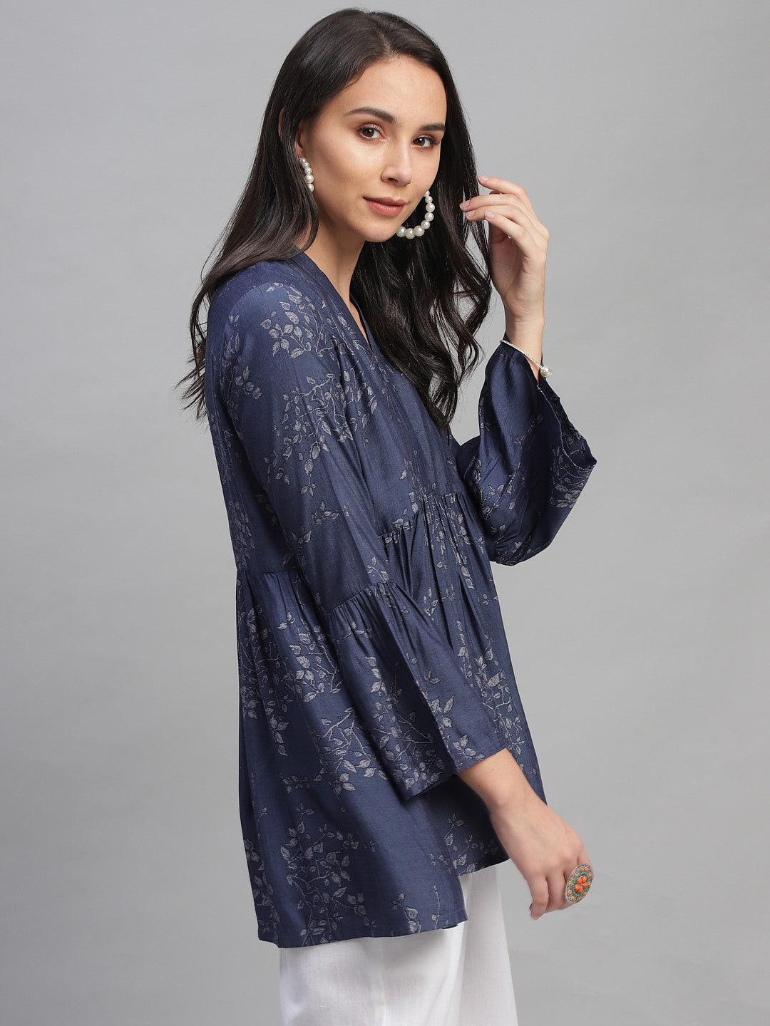 Blue Printed Rayon Kurti - ShopLibas