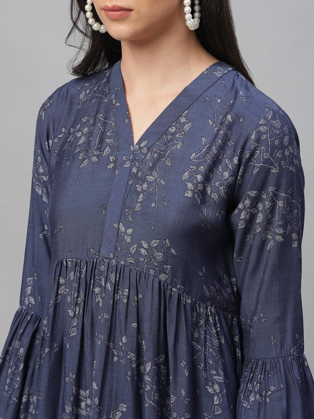 Blue Printed Rayon Kurti - ShopLibas