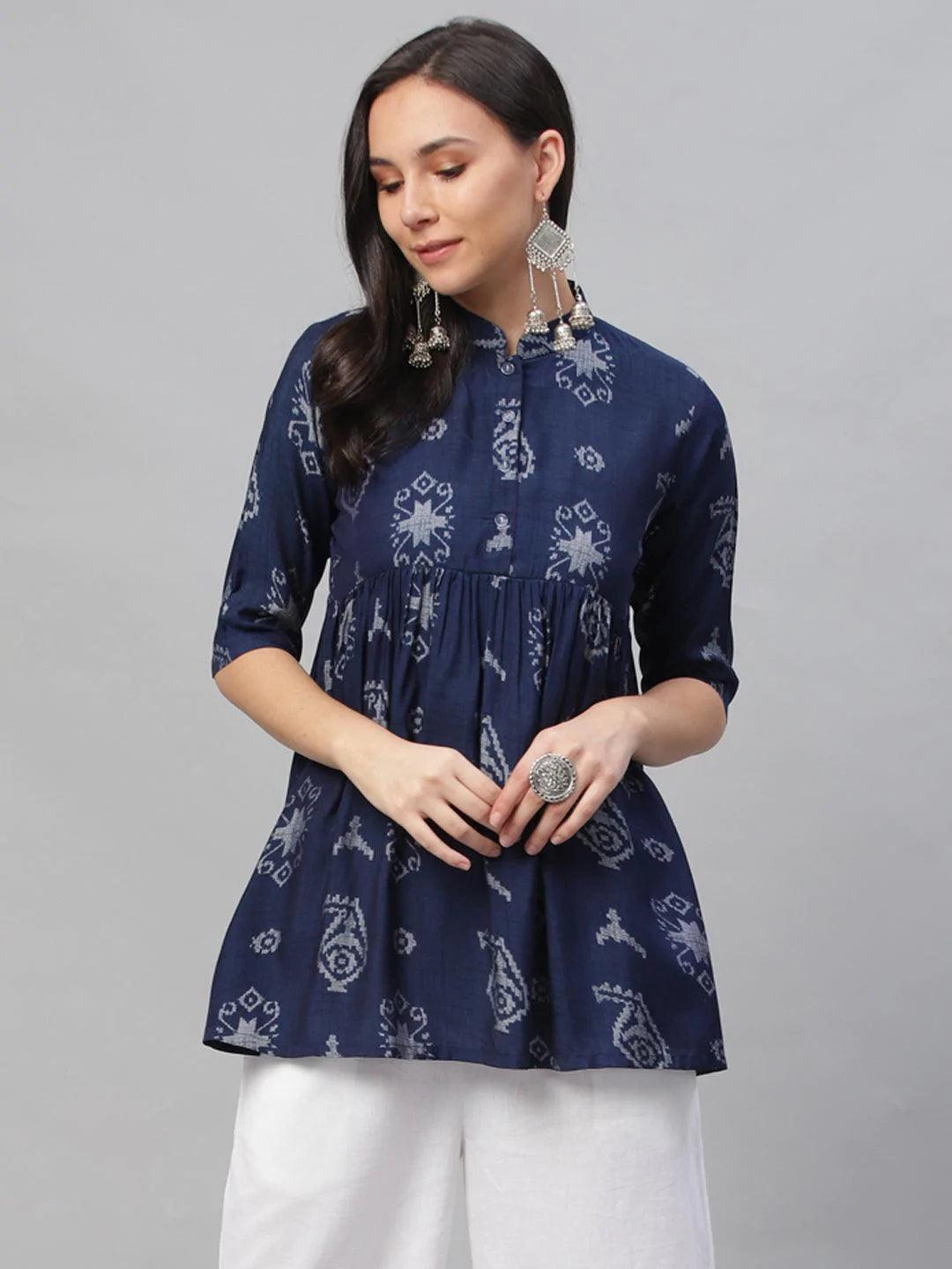 Blue Printed Rayon Kurti - ShopLibas