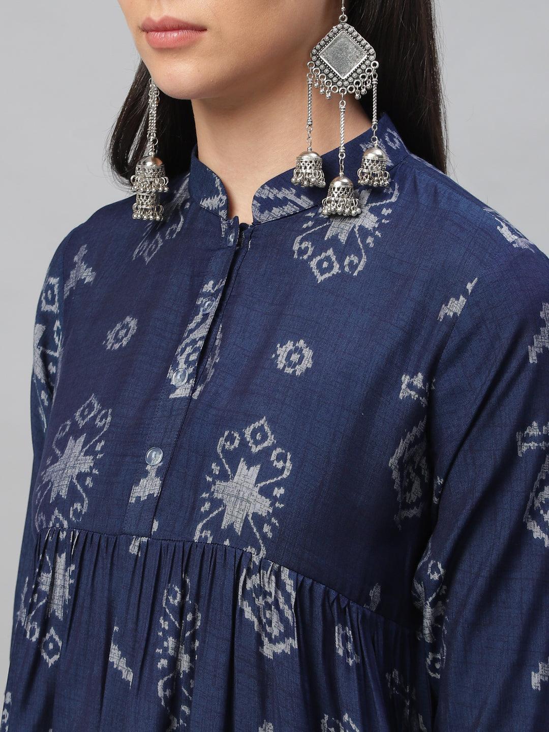 Blue Printed Rayon Kurti - ShopLibas