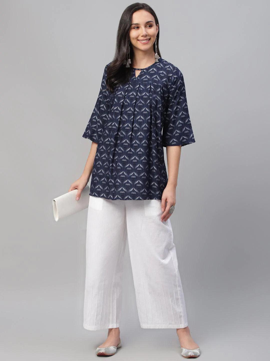 Blue Printed Rayon Kurti - ShopLibas