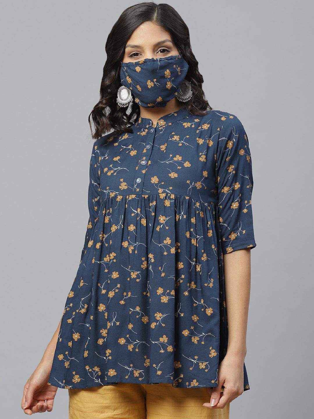 Blue Printed Rayon Kurti With Mask - ShopLibas