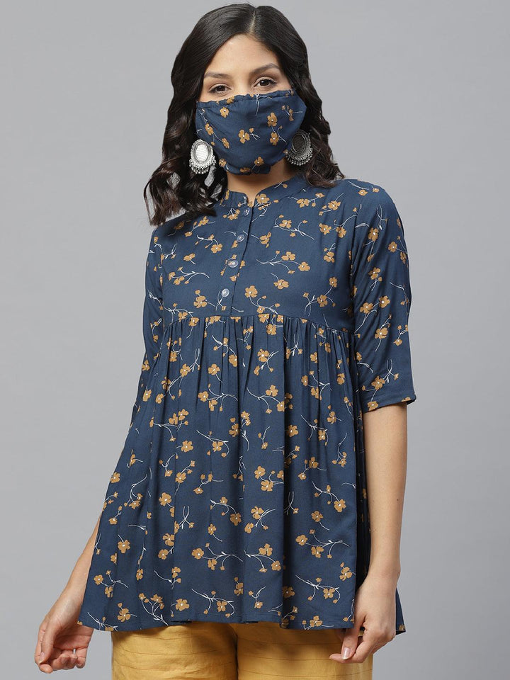 Blue Printed Rayon Kurti With Mask