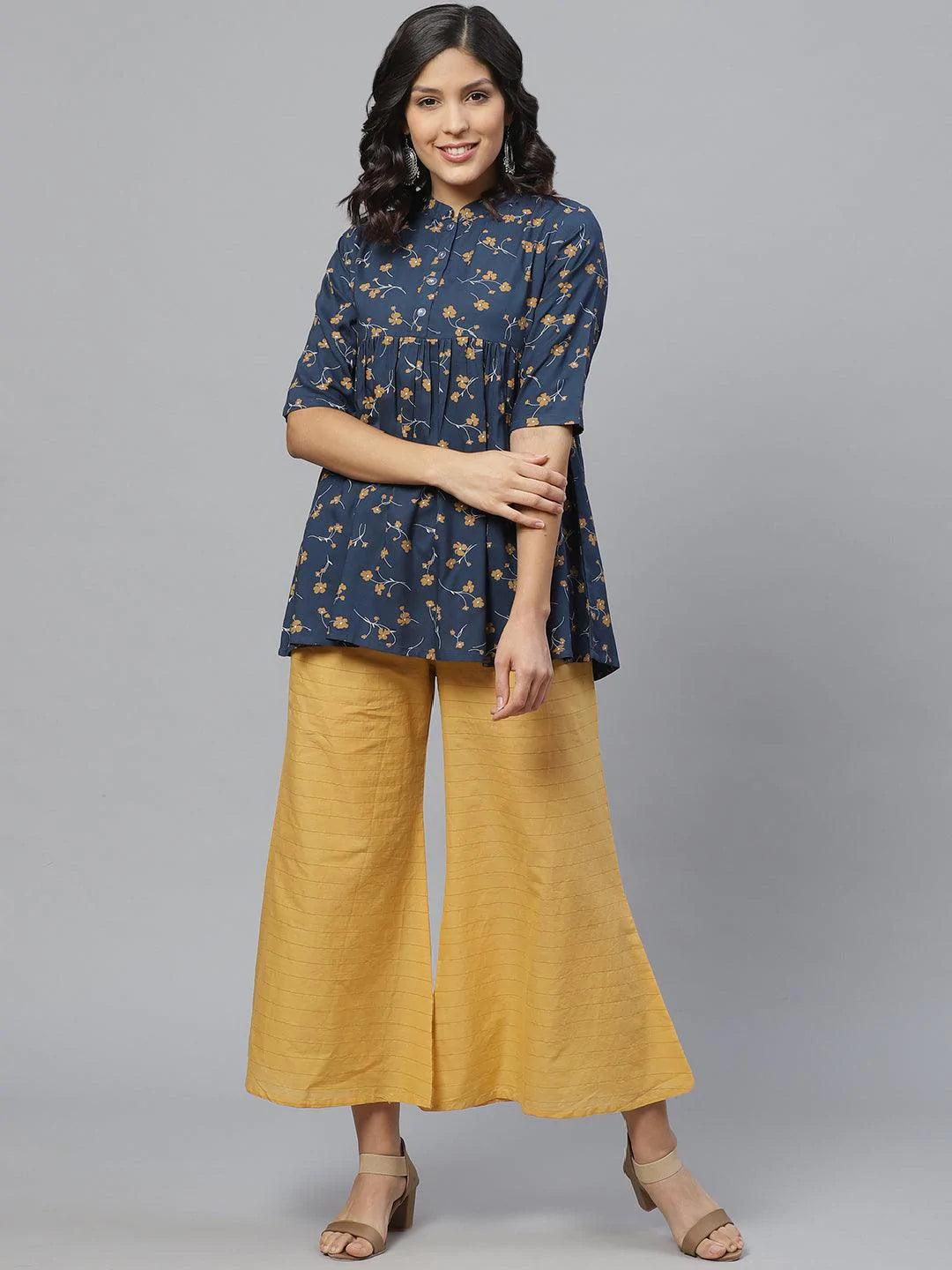 Blue Printed Rayon Kurti With Mask - ShopLibas