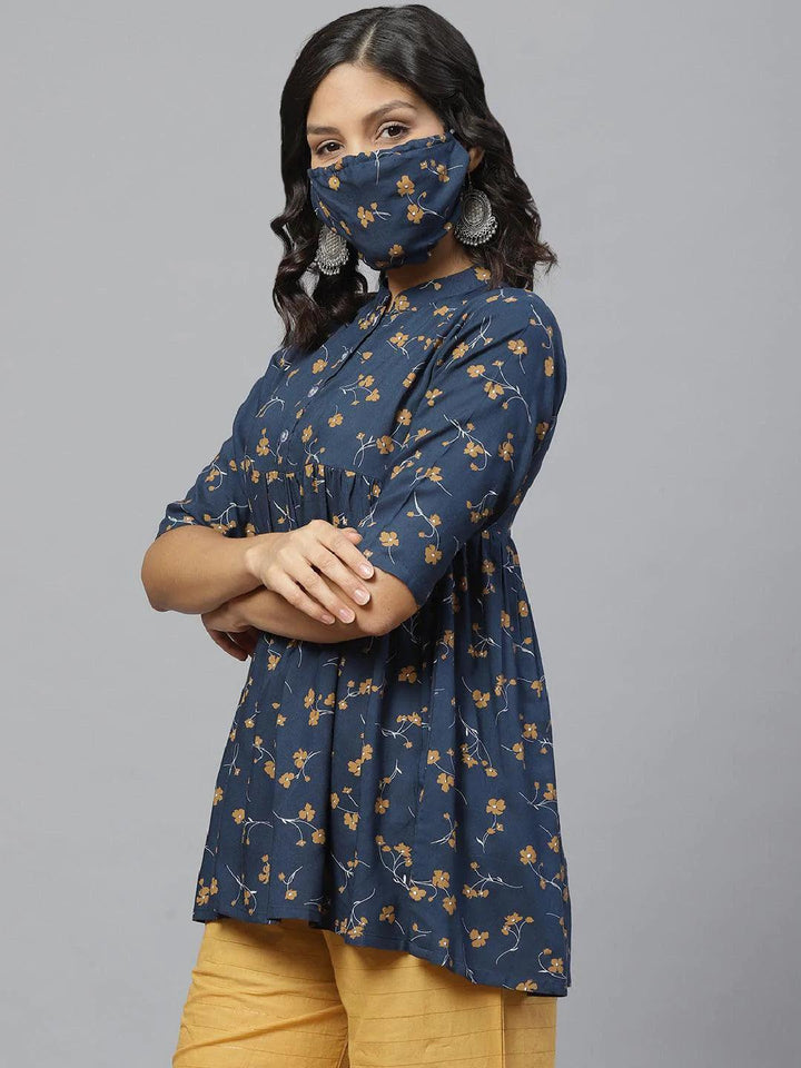 Blue Printed Rayon Kurti With Mask