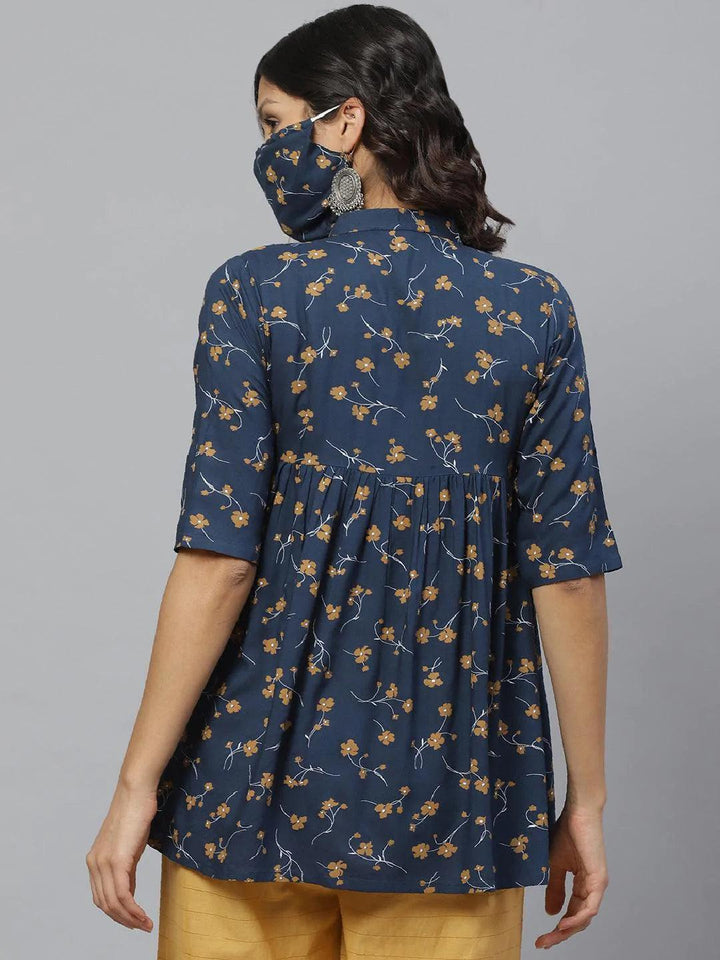 Blue Printed Rayon Kurti With Mask