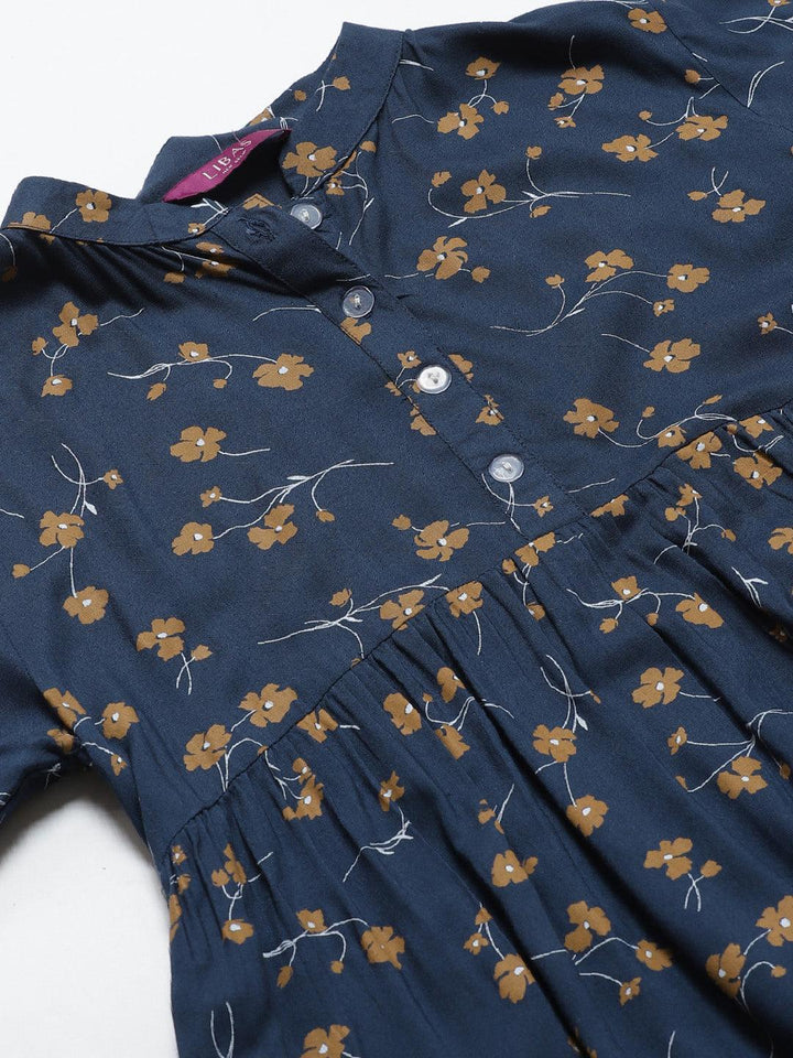 Blue Printed Rayon Kurti With Mask