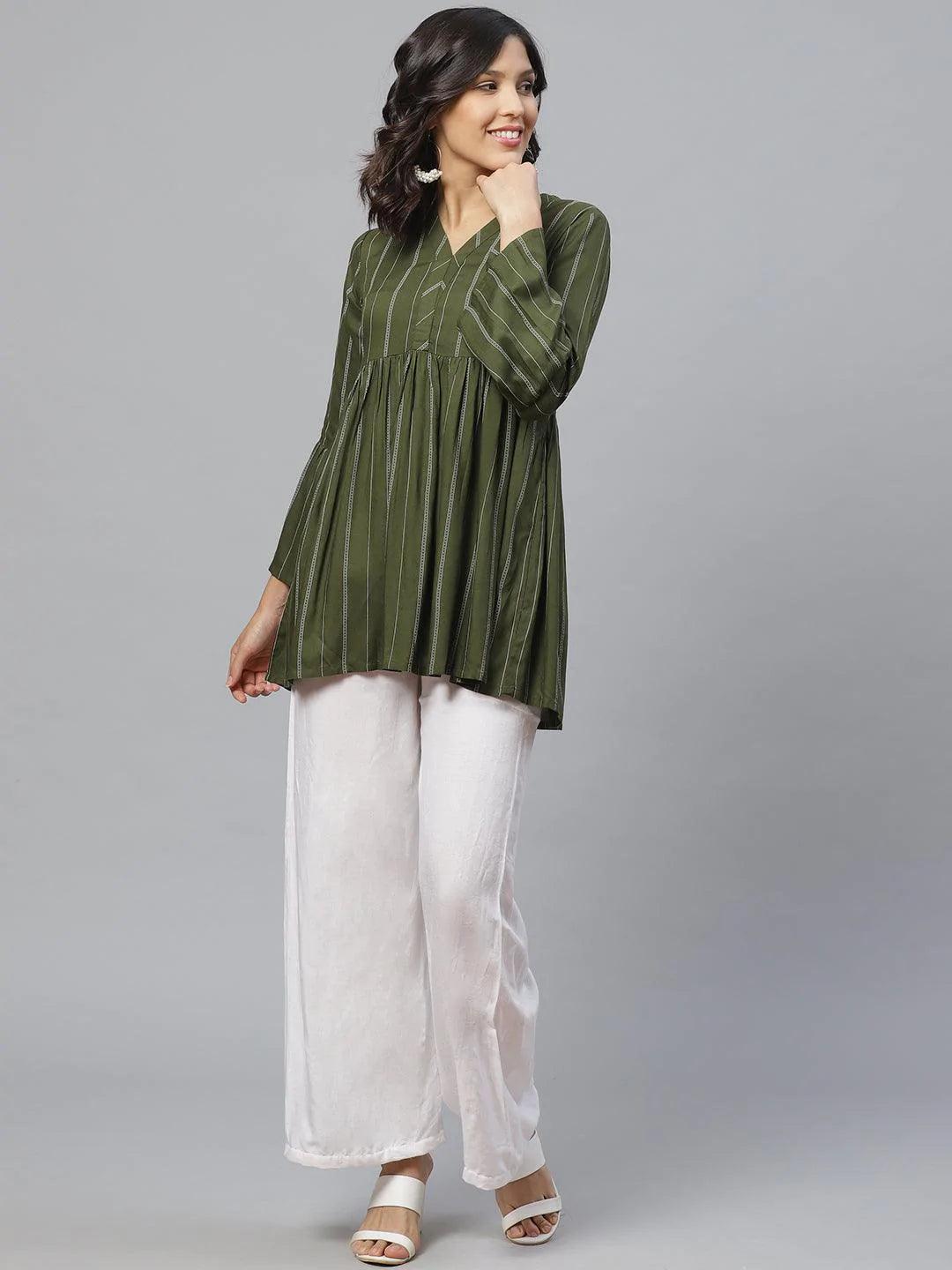 Green Striped Rayon Kurti - ShopLibas