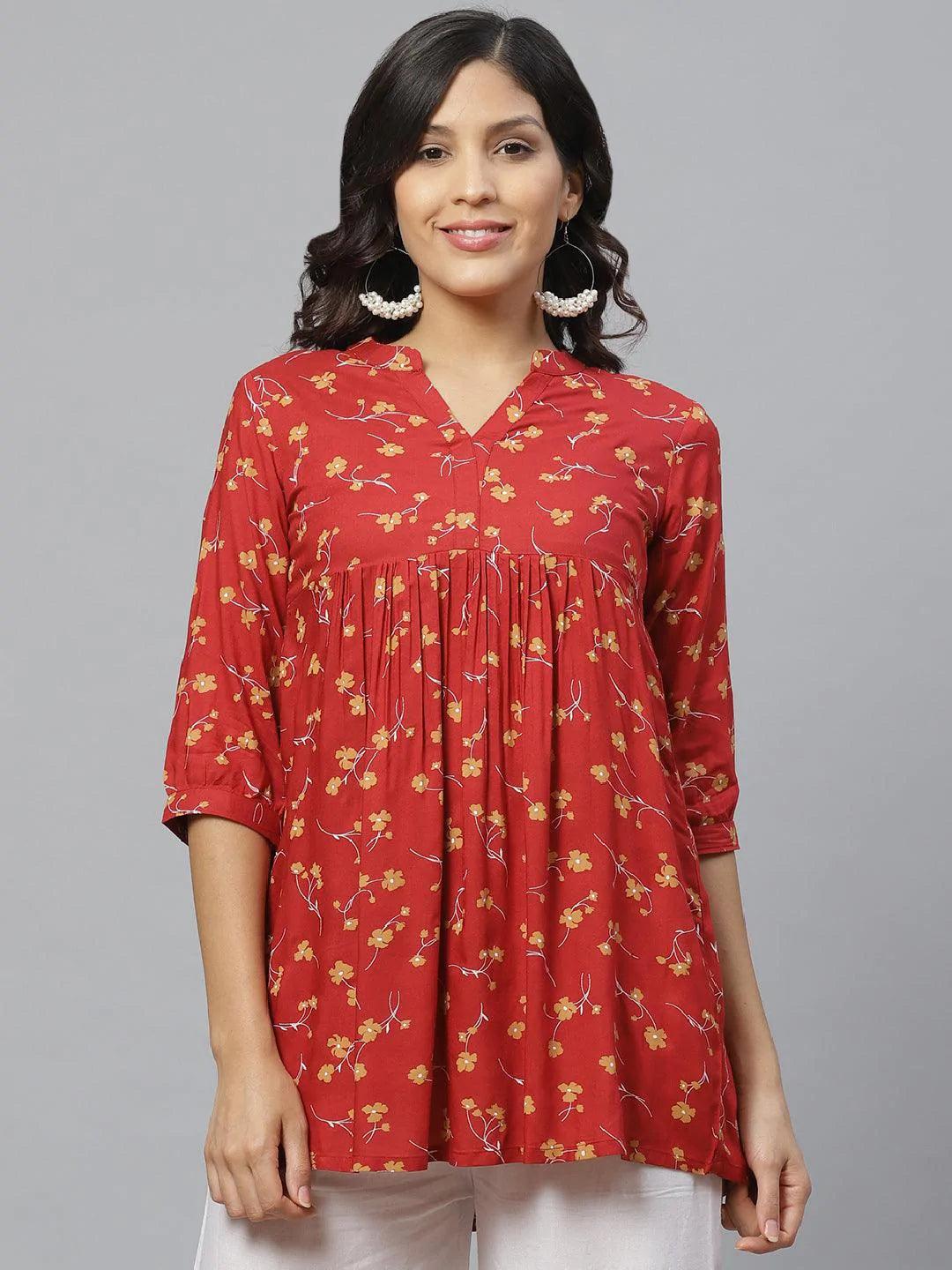Red Printed Rayon Kurti - ShopLibas