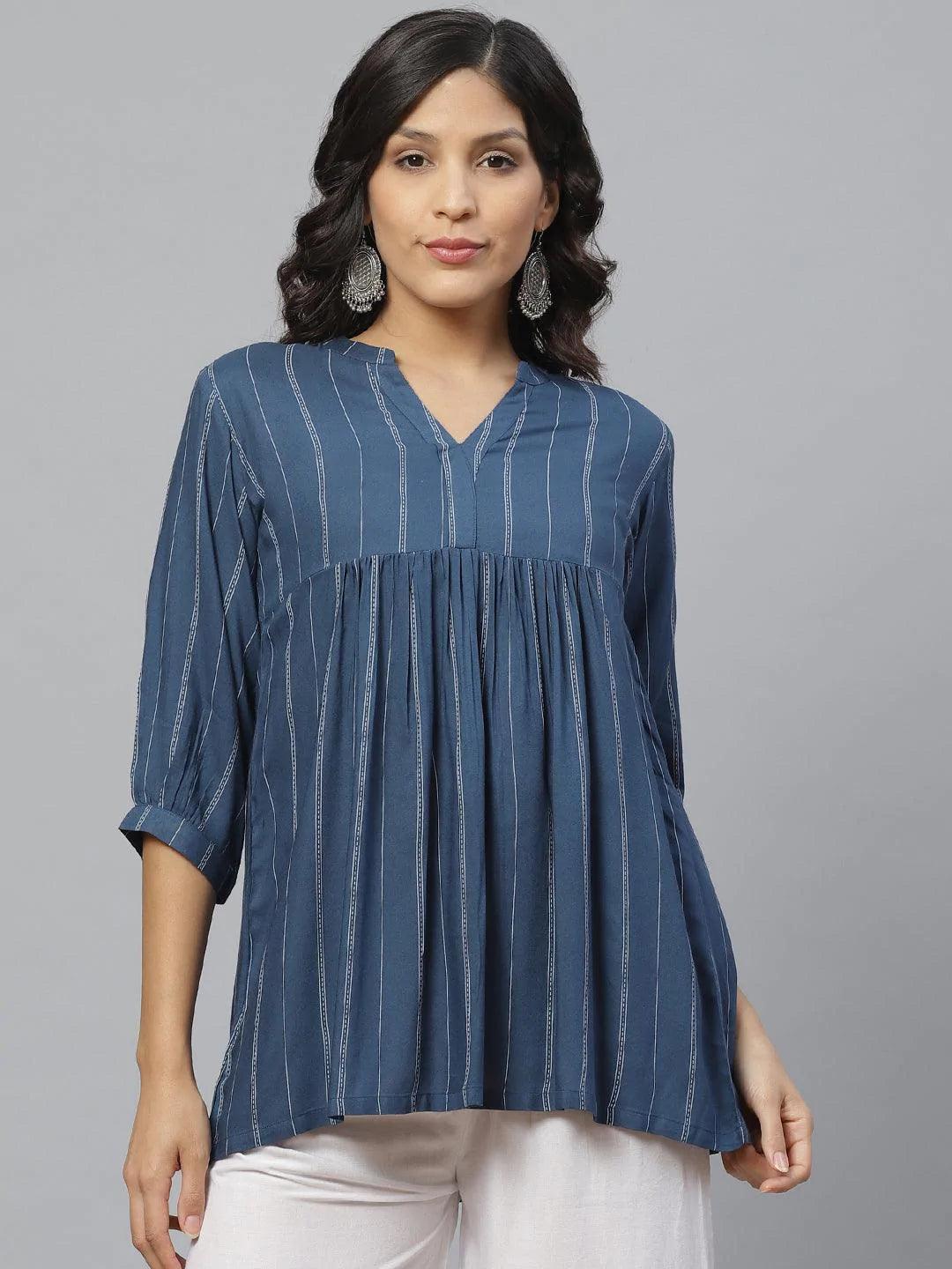 Blue Striped Rayon Kurti With Mask - ShopLibas