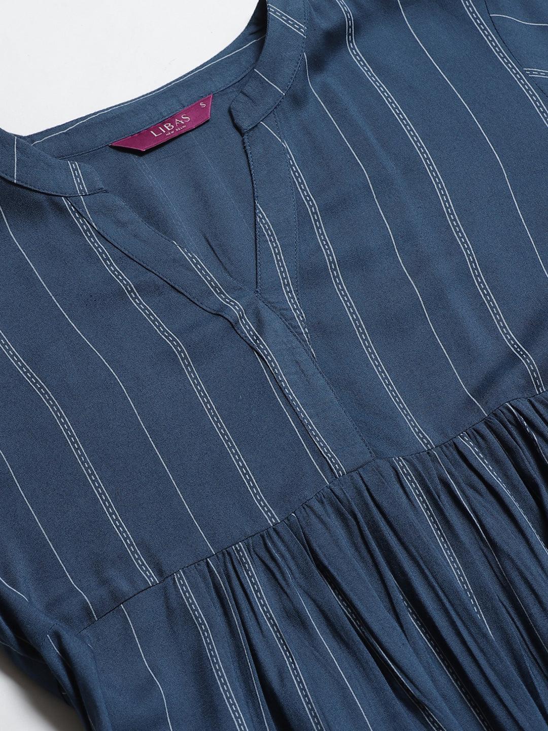 Blue Striped Rayon Kurti With Mask - ShopLibas