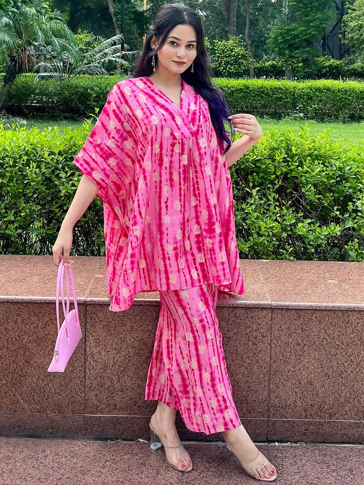 Pink Dyed Silk Blend Kaftan Kurta Set With Palazzos