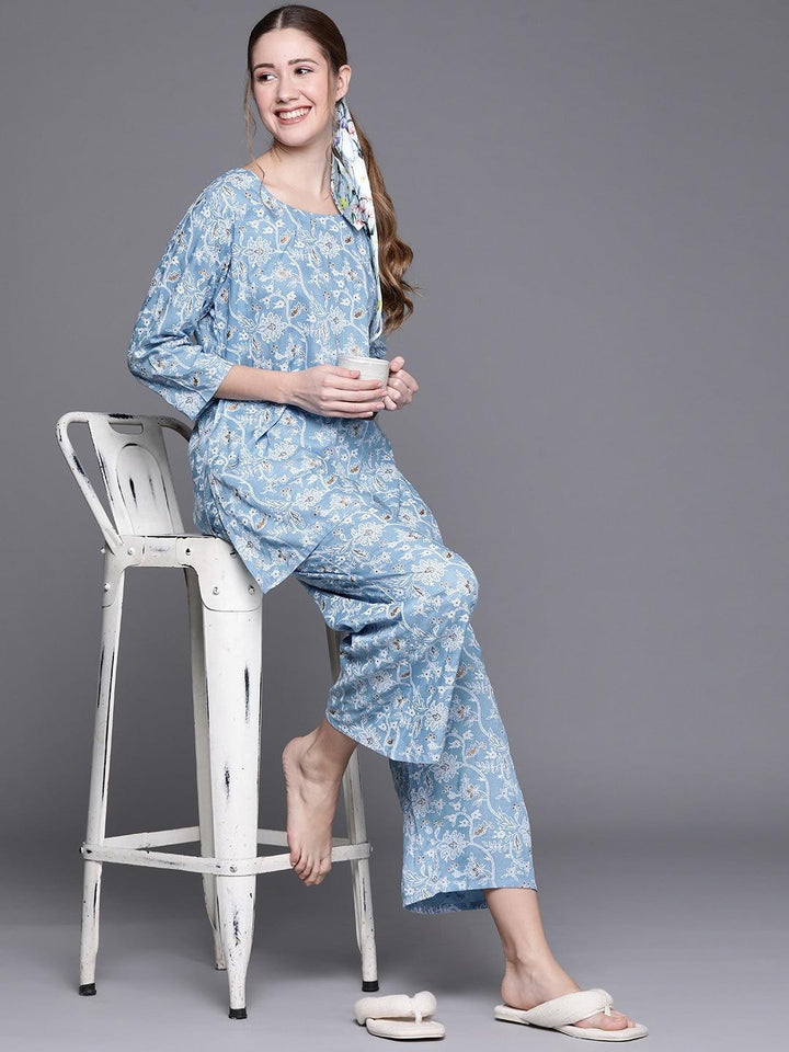 Blue Printed Rayon Night Suit
