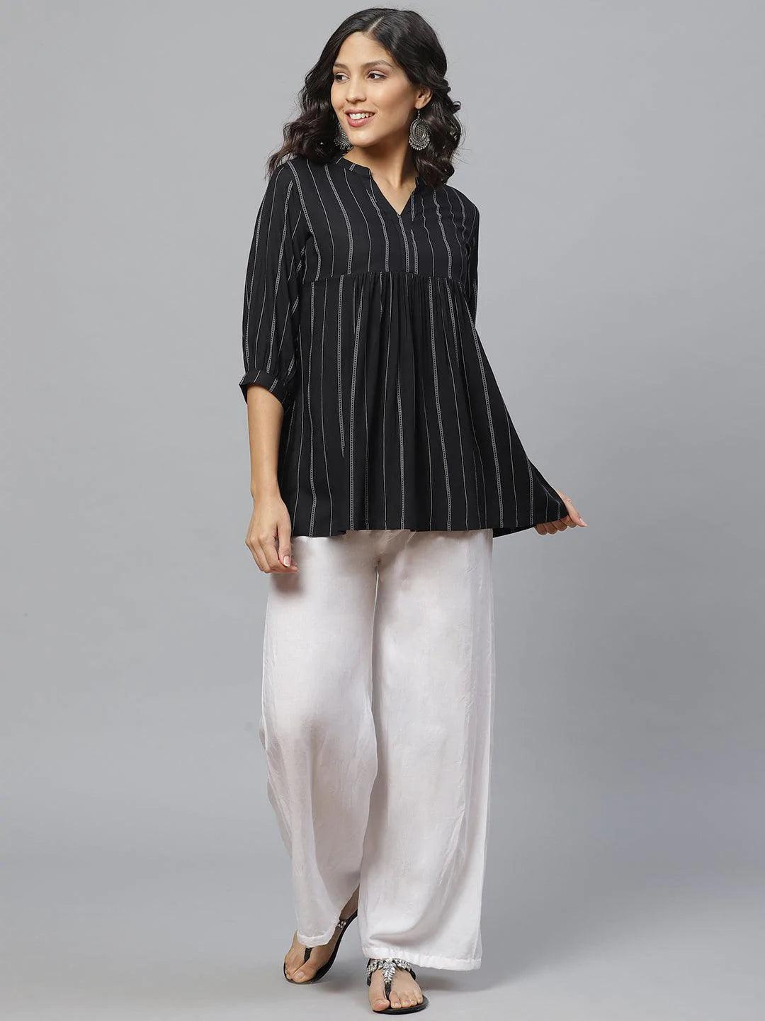 Black Striped Rayon Kurti With Mask - ShopLibas