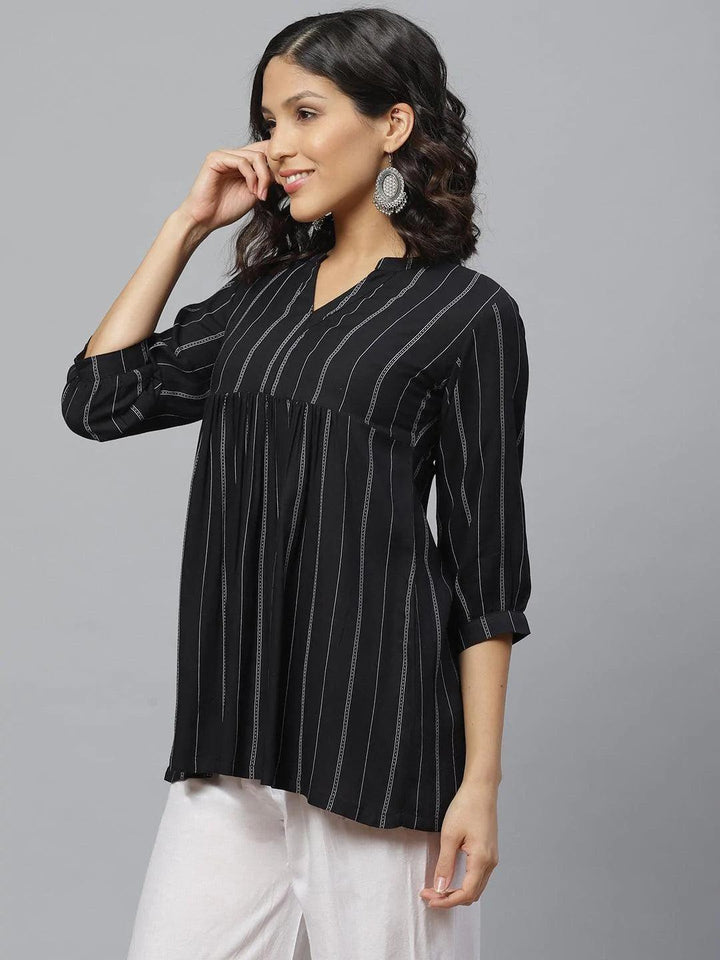 Black Striped Rayon Kurti With Mask