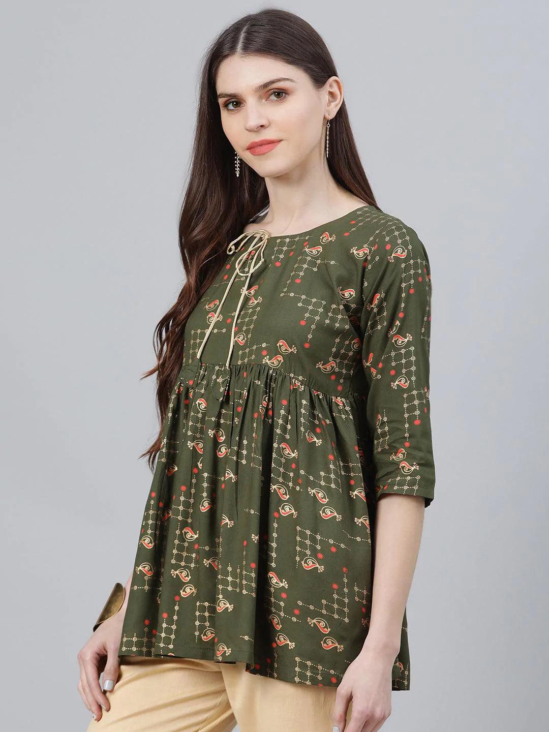 Green Printed Rayon Kurti - ShopLibas