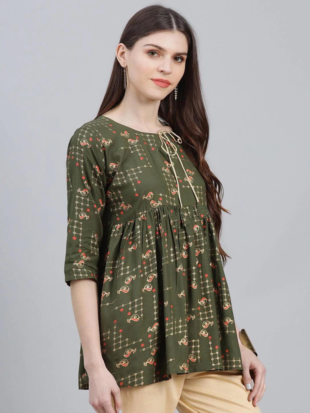 Green Printed Rayon Kurti - ShopLibas