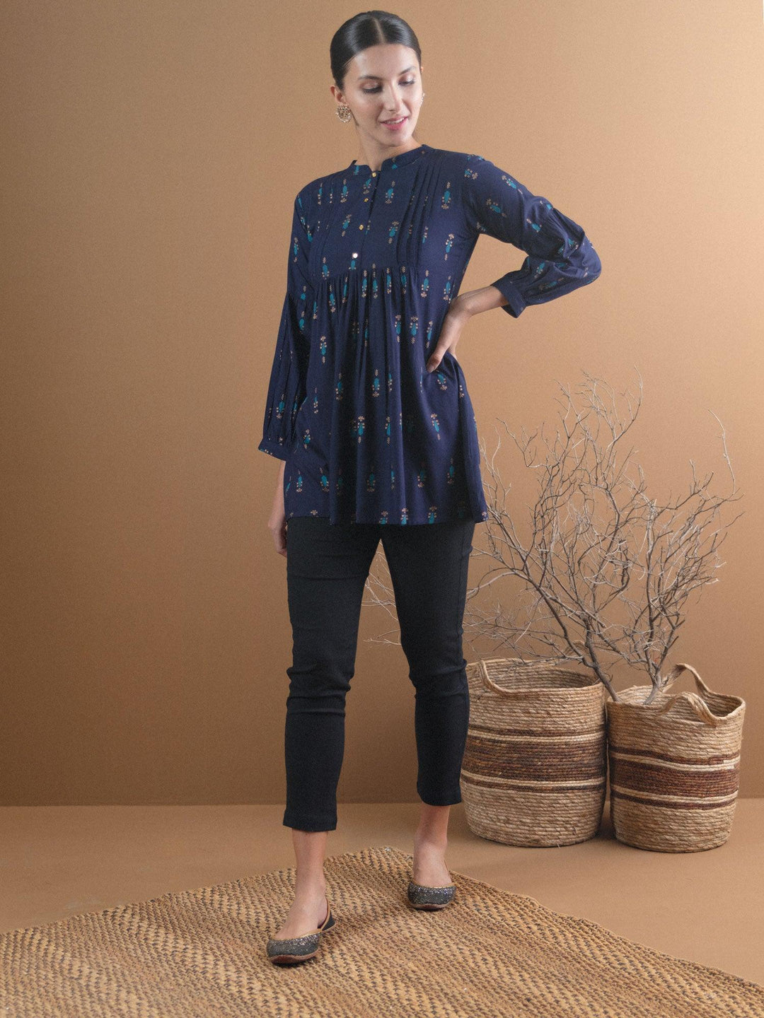 Blue Printed Rayon Kurti - ShopLibas