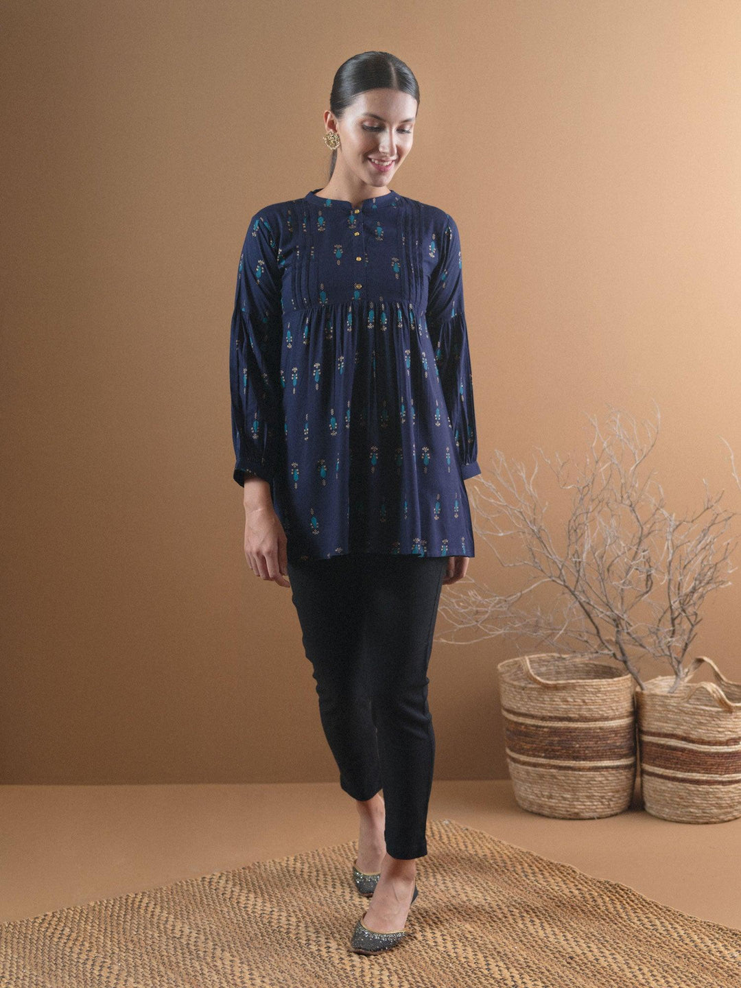 Blue Printed Rayon Kurti - ShopLibas