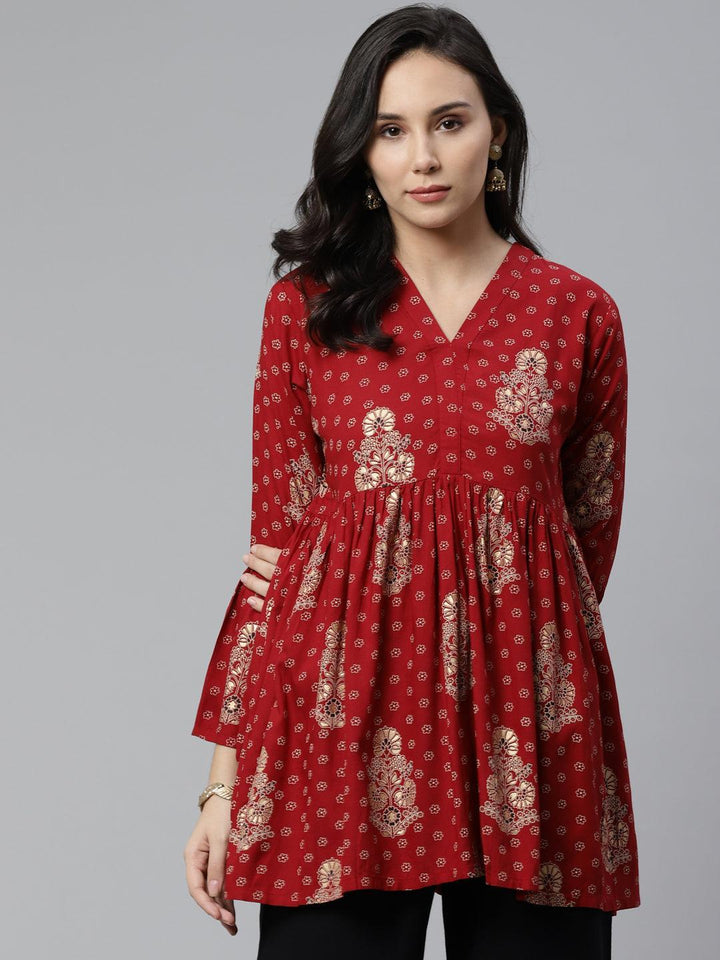 Maroon Printed Rayon Kurti
