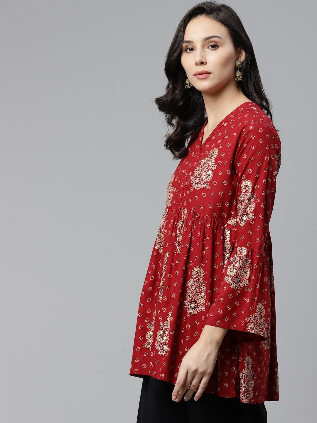 Maroon Printed Rayon Kurti - ShopLibas