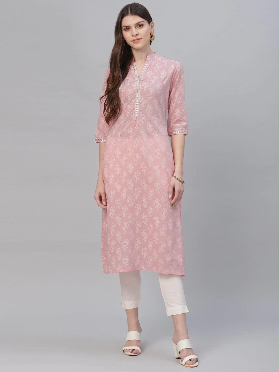 Pink Printed Cotton Kurta - ShopLibas
