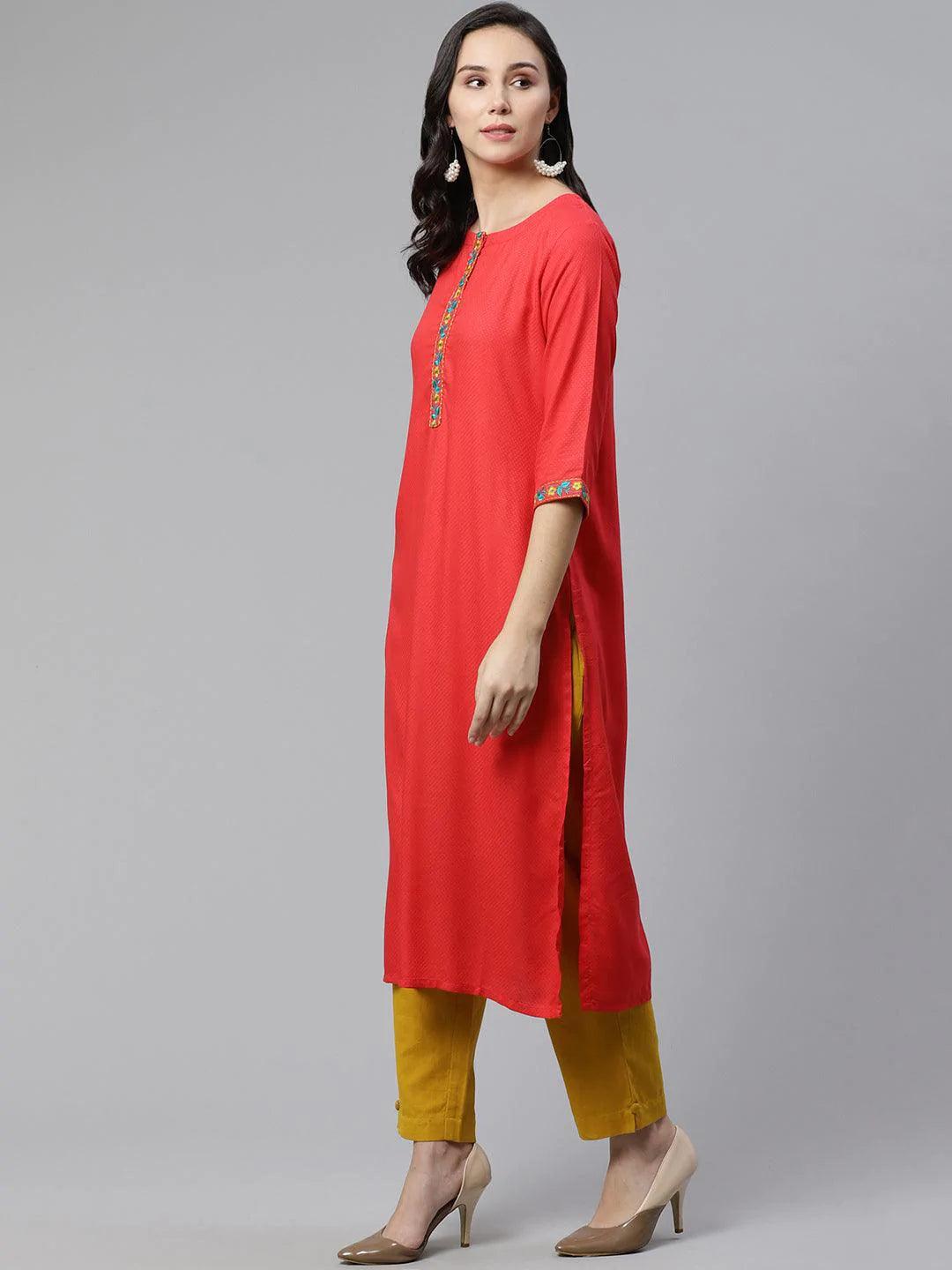 Red Woven Design Rayon Kurta - ShopLibas
