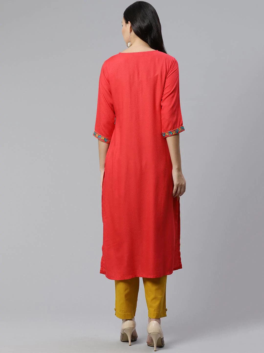 Red Woven Design Rayon Kurta - ShopLibas