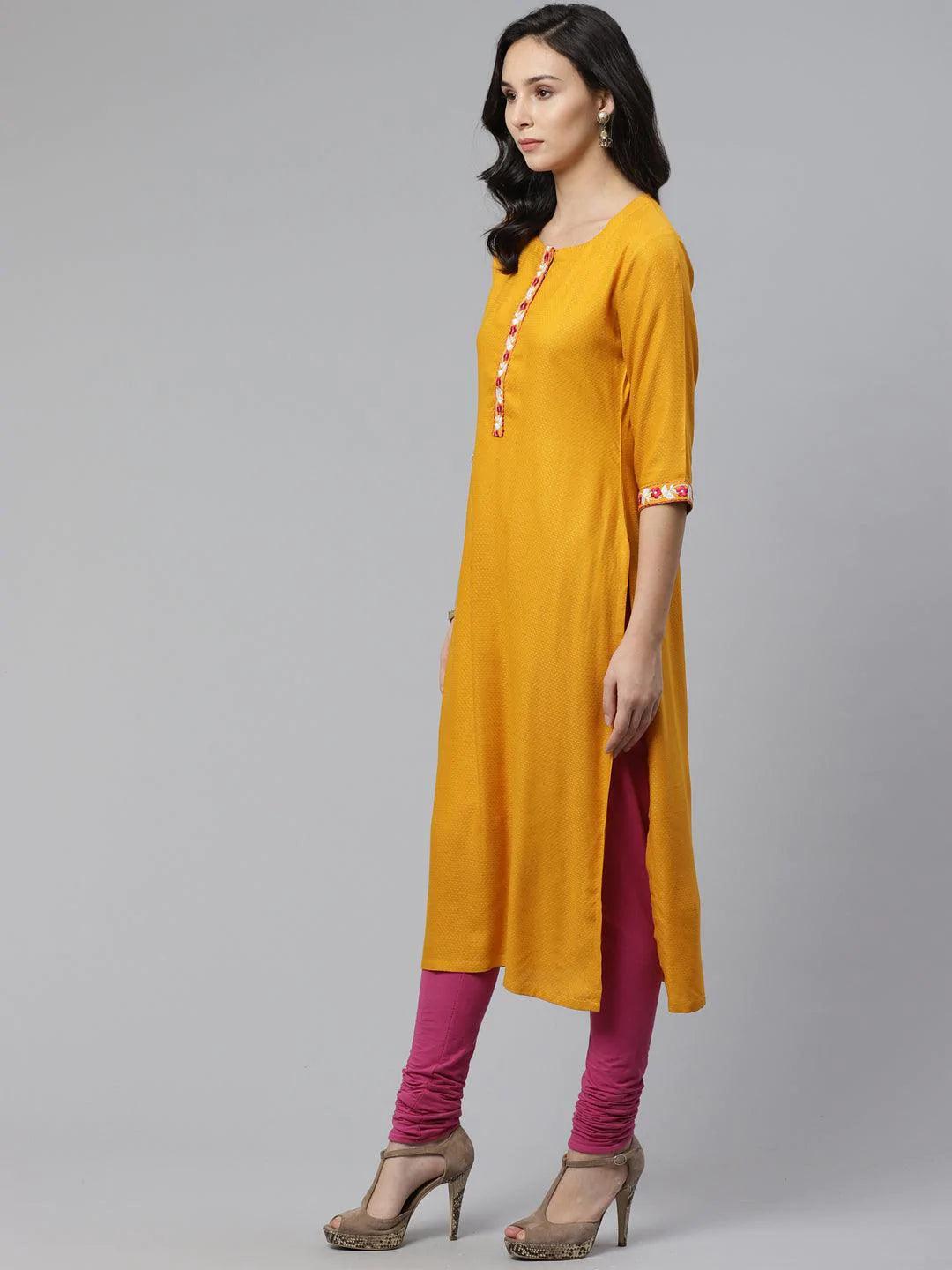 Yellow Woven Design Rayon Kurta - ShopLibas