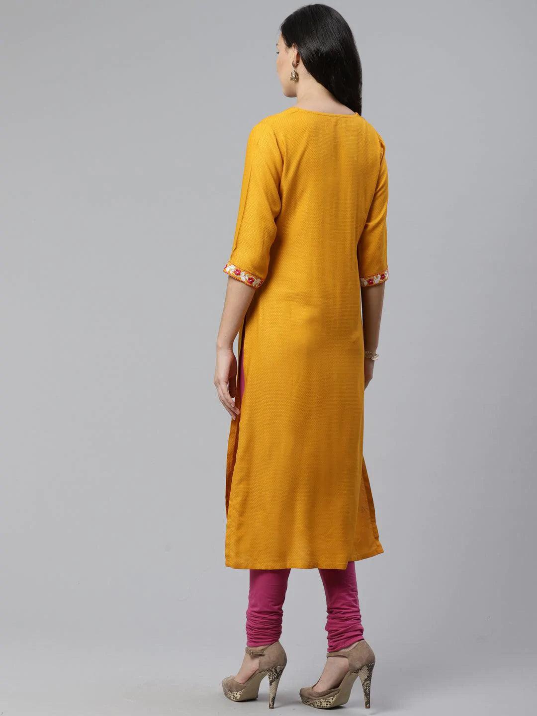 Yellow Woven Design Rayon Kurta - ShopLibas