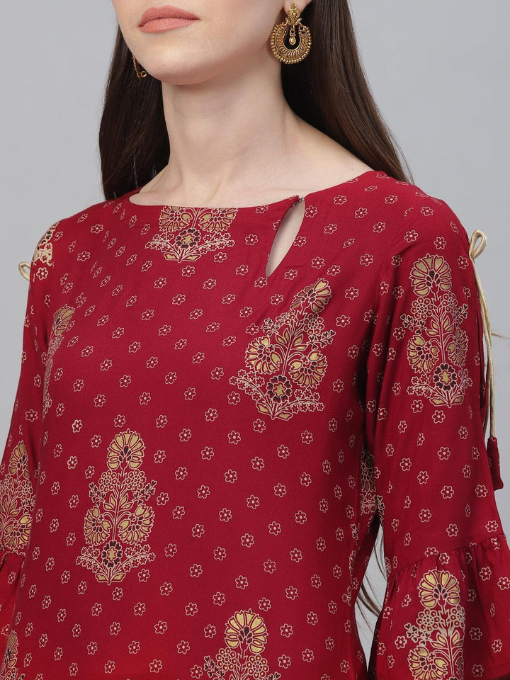 Maroon Printed Rayon Kurta