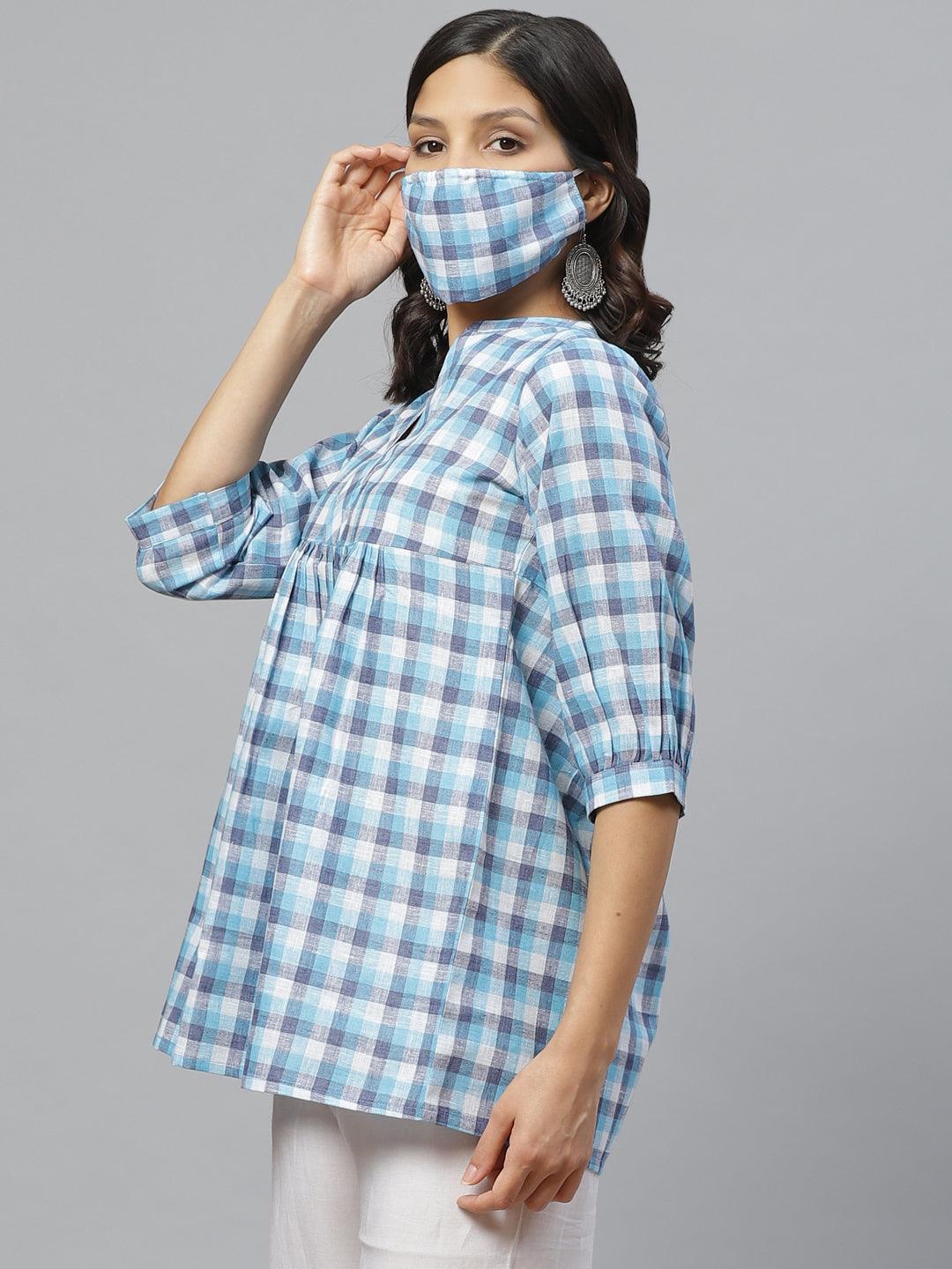 Blue Checkered Cotton Kurti With Mask - ShopLibas
