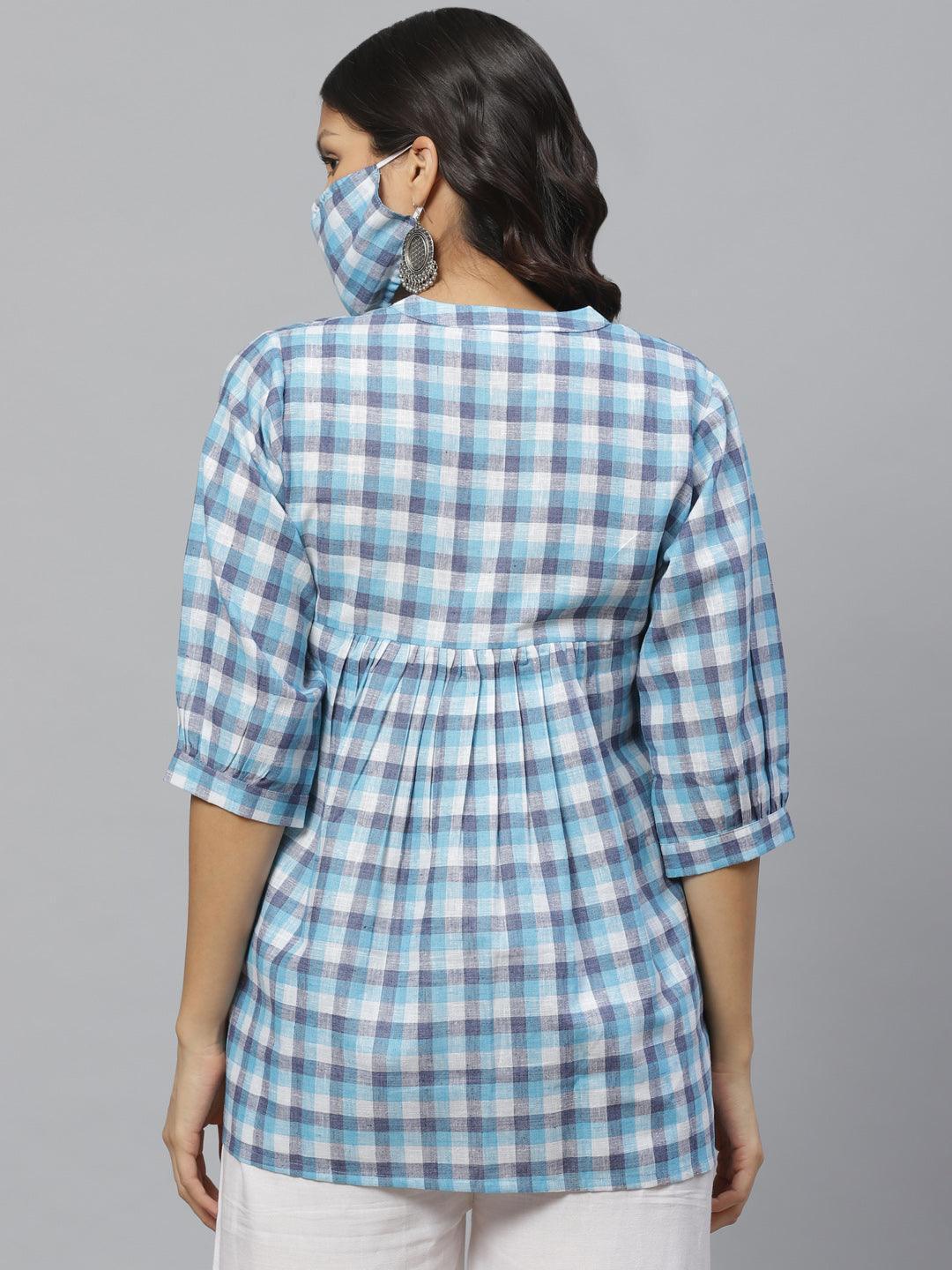 Blue Checkered Cotton Kurti With Mask - ShopLibas