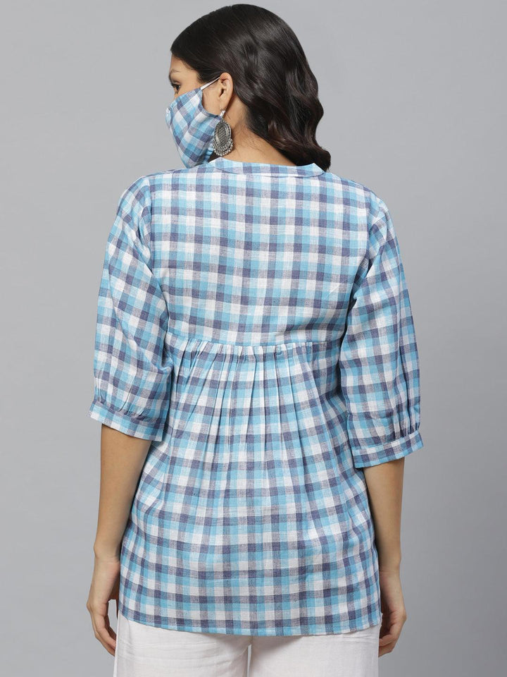 Blue Checkered Cotton Kurti With Mask