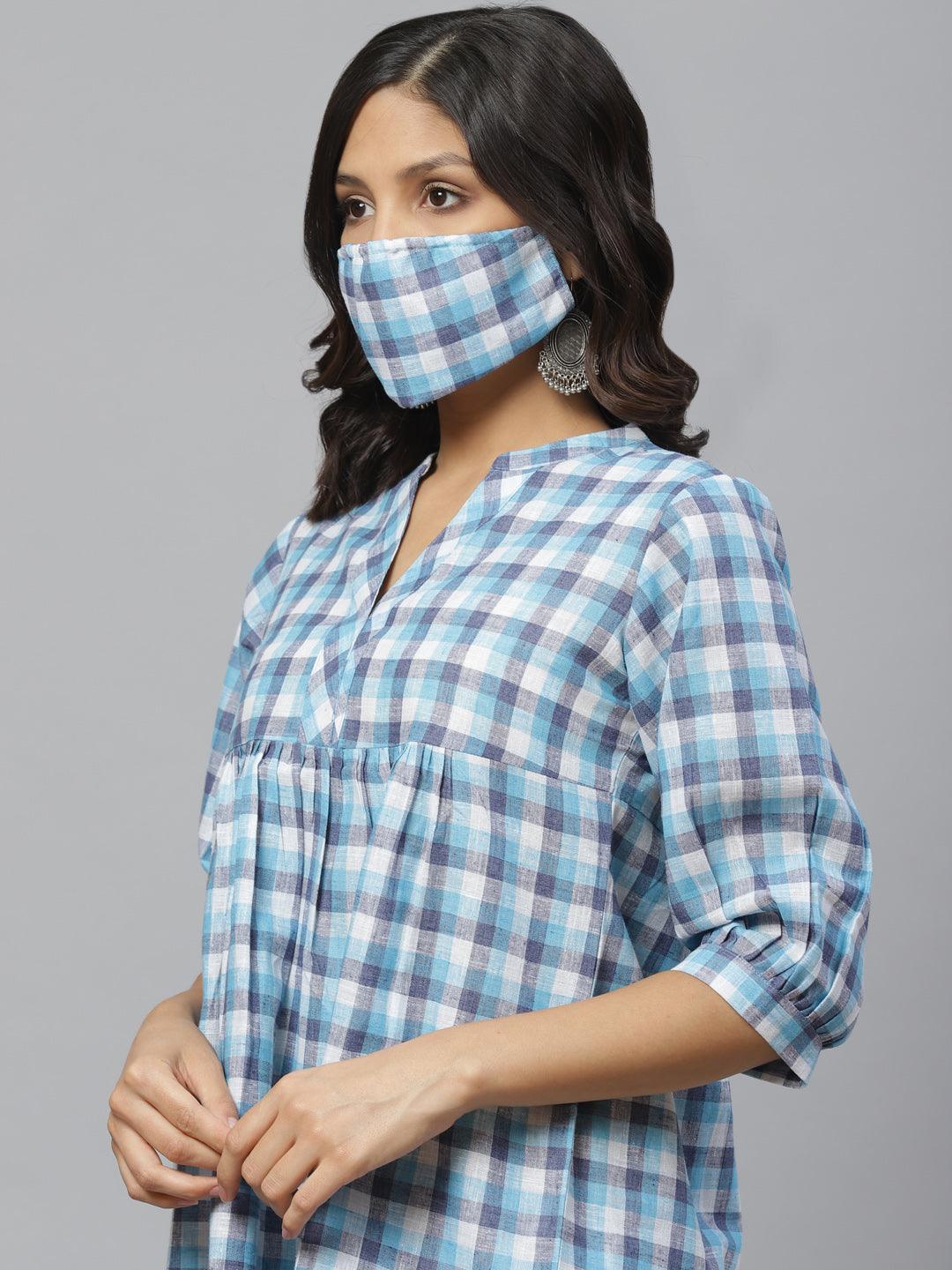 Blue Checkered Cotton Kurti With Mask - ShopLibas
