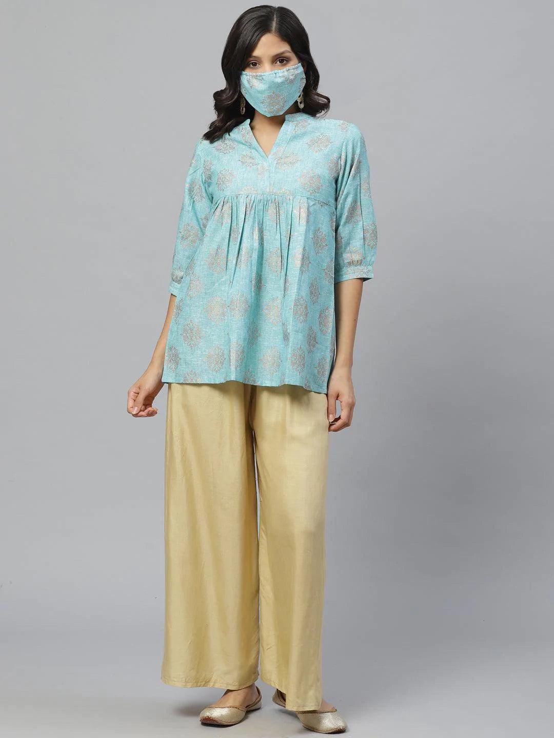 Blue Printed Cotton Kurti With Mask - ShopLibas