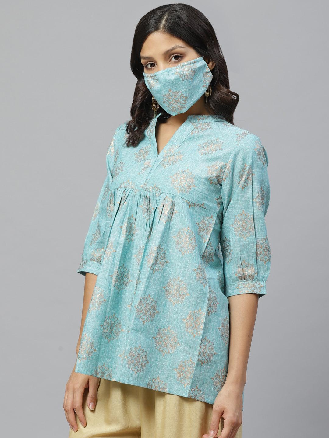 Blue Printed Cotton Kurti With Mask - ShopLibas