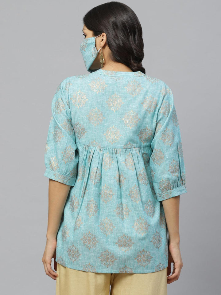 Blue Printed Cotton Kurti With Mask