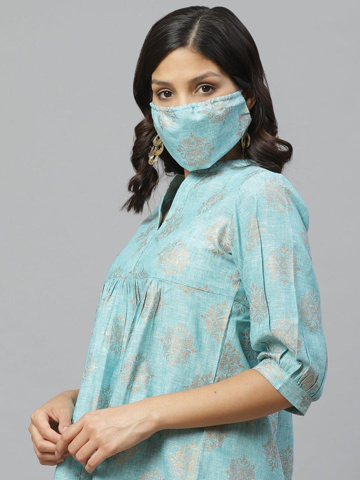 Blue Printed Cotton Kurti With Mask