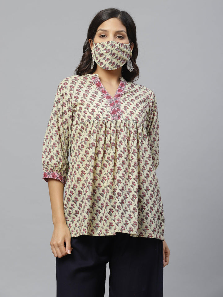 Multicoloured Printed Cotton Kurti With Mask