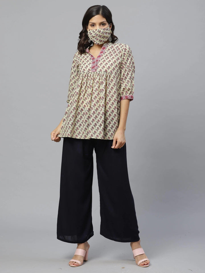 Multicoloured Printed Cotton Kurti With Mask