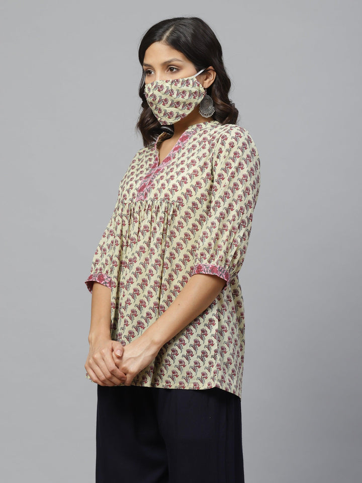 Multicoloured Printed Cotton Kurti With Mask