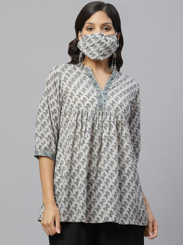 Grey Printed Cotton Kurti With Mask