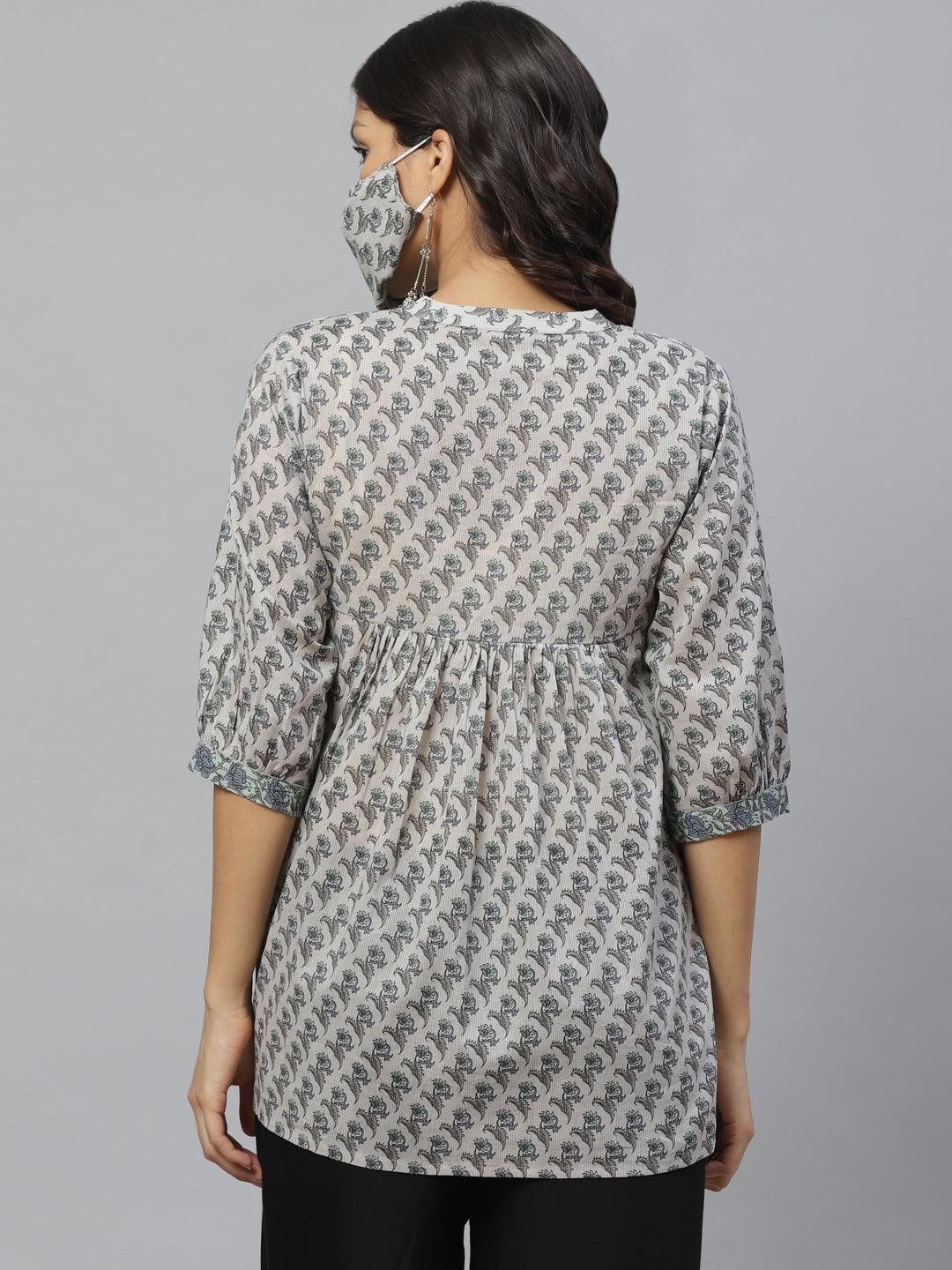 Grey Printed Cotton Kurti With Mask - ShopLibas