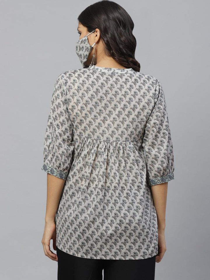 Grey Printed Cotton Kurti With Mask